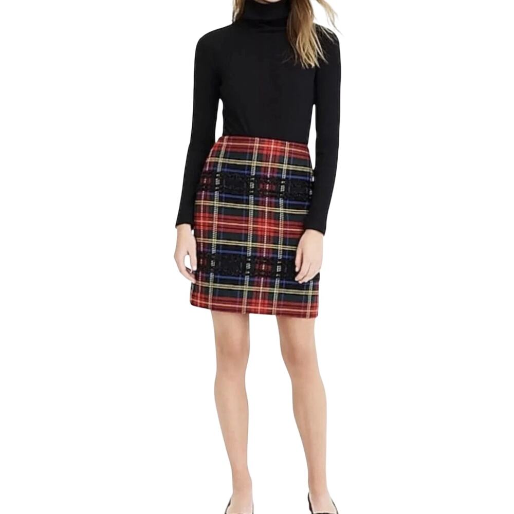 J.Crew Lurex Stewart Tartan Plaid Mini Skirt Size 0 Metallic Wool Blend Holiday